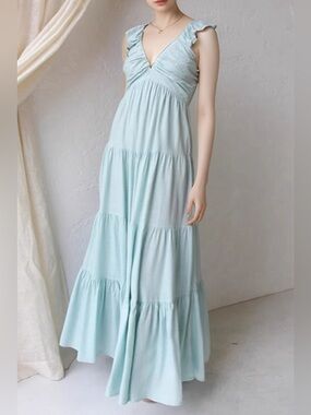 🩵Hello Cotton V- Neck Ruffle Strap Maxi Dress in Light Blue🩵